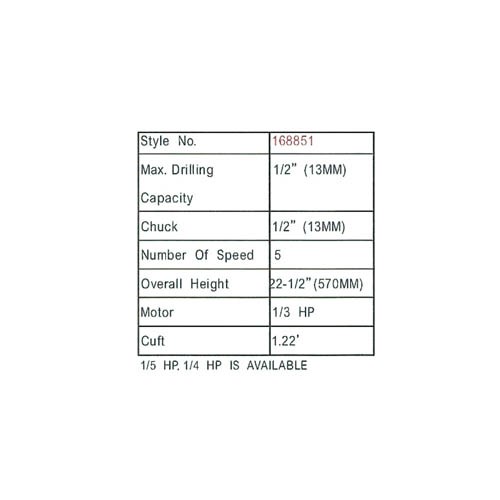 168851     DRILL PRESS, CAP.: 1/2" (13MM), CHUCK: 1/2" (13MM)