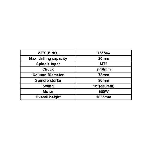 168843     DRILL PRESS, MAX. DRILLING CAP.: 20MM