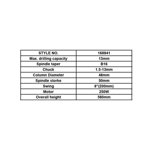 168841     DRILL PRESS, MAX. DRILLING CAP.: 13MM